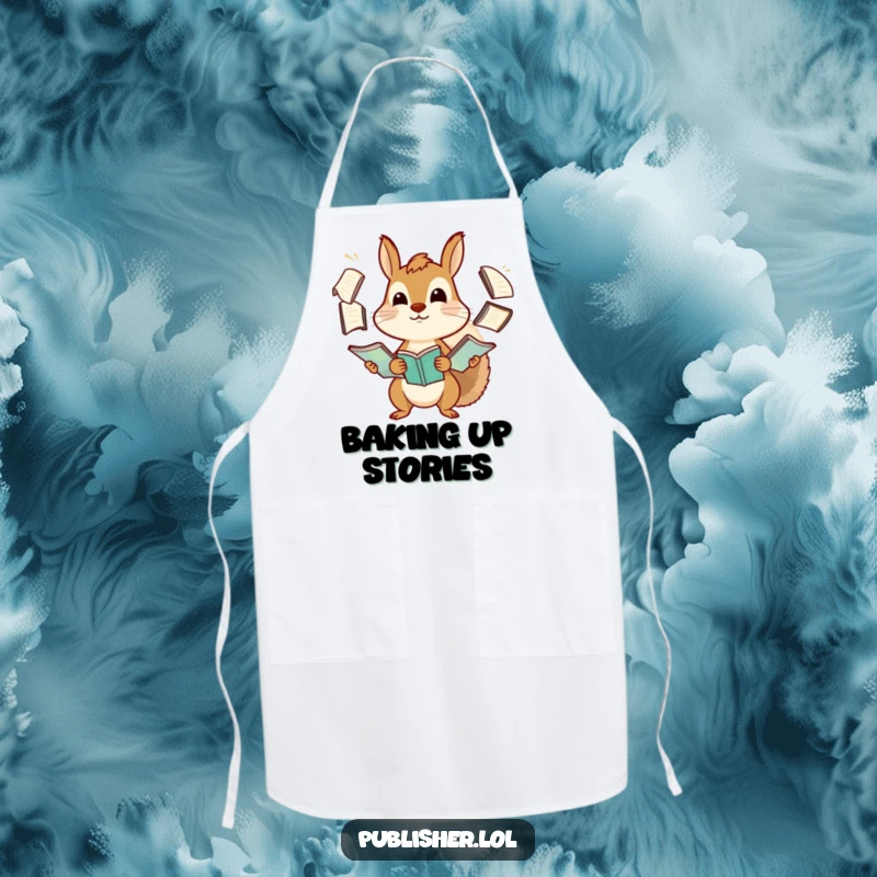 Funny squirrel apron featuring a determined character comically juggling stacks of manuscripts, ideal for kitchen humor and a relatable work vibe.