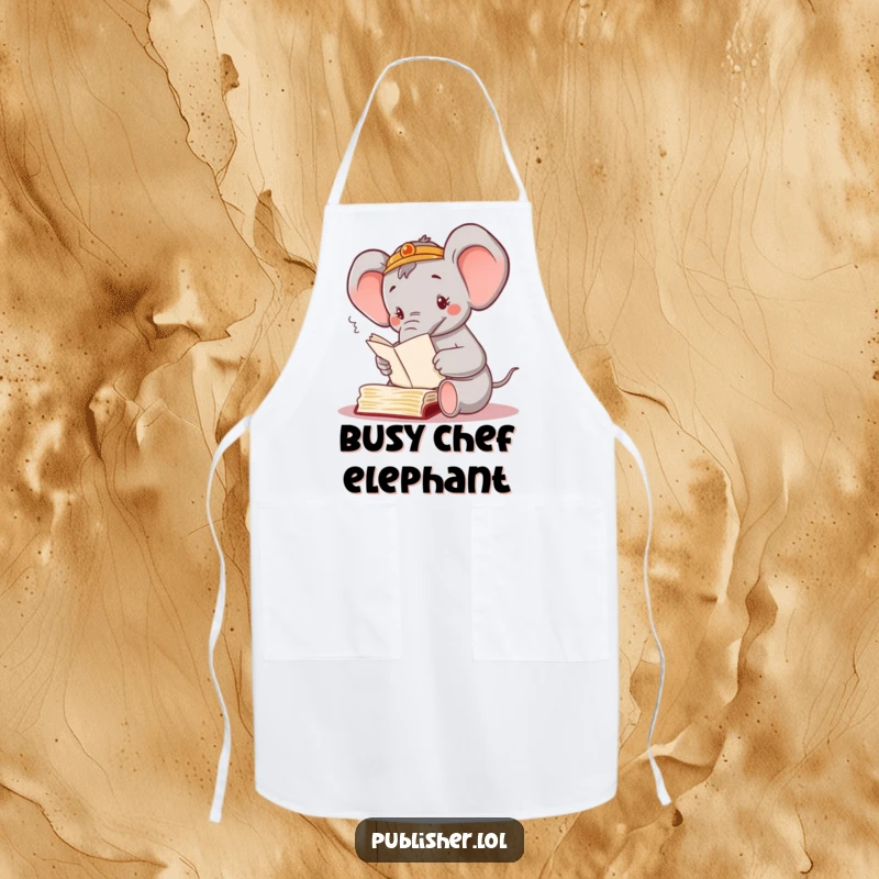 Funny apron featuring a busy elephant character diligently sorting through manuscripts with its trunk, symbolizing order and happiness in the kitchen.