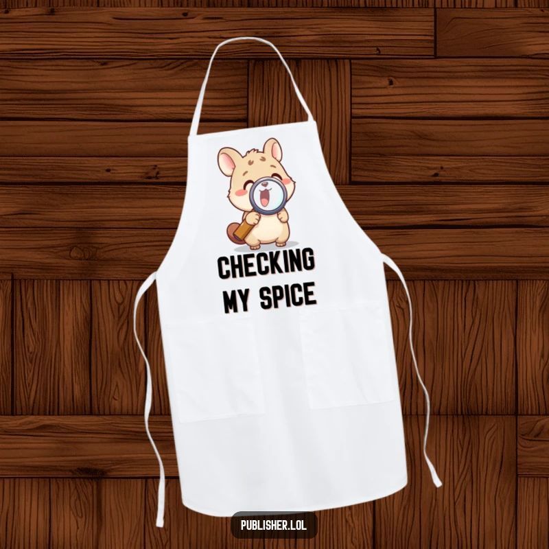 Funny apron showing an animal inspecting ingredients with a magnifying glass, perfect for chefs and a great funny gift.