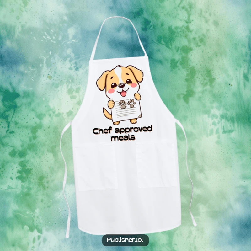 Funny cooking apron, cute dog enthusiastically stamping document, happy paw mark, office approval, humorous kitchen wear for funny gift recipients.