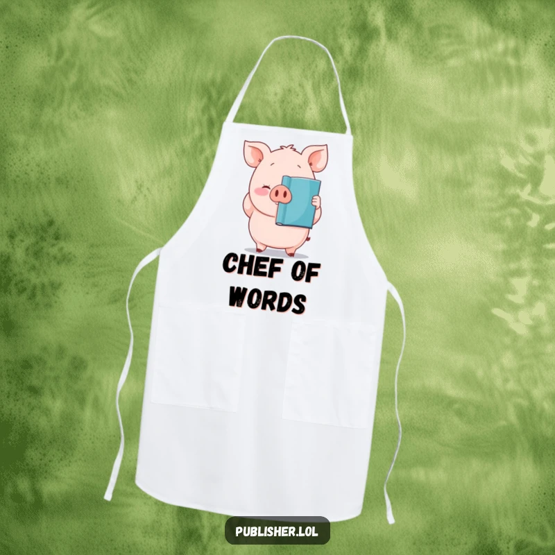 Funny apron with a plump, proud pig character holding a newly printed book, suitable for cooking or writing.