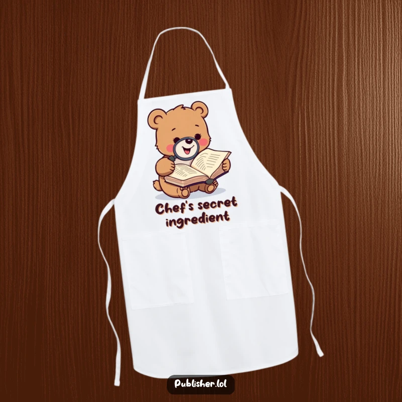 Funny apron featuring a gleeful bear character meticulously studying a manuscript with a magnifying glass, perfect for kitchen or crafting.