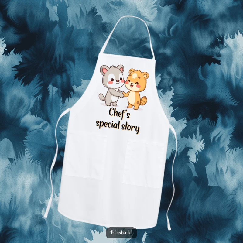 Funny apron with a character shaking hands with an unseen author, perfect for creative cooks and writers, a great funny gift.