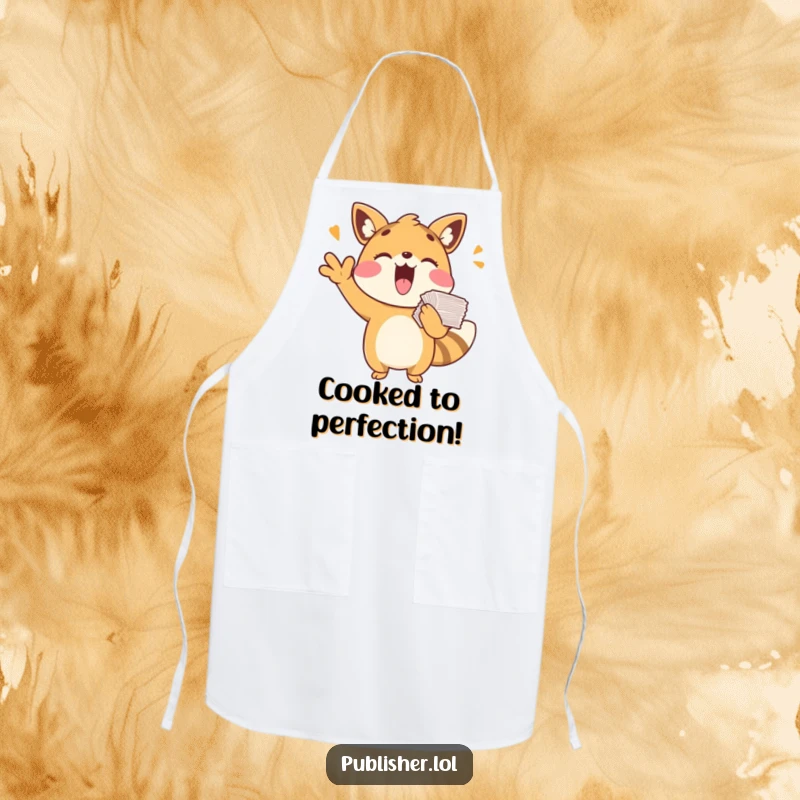Funny apron showing a playful animal cheering with a stack of recipes, perfect for chefs and a great funny gift.