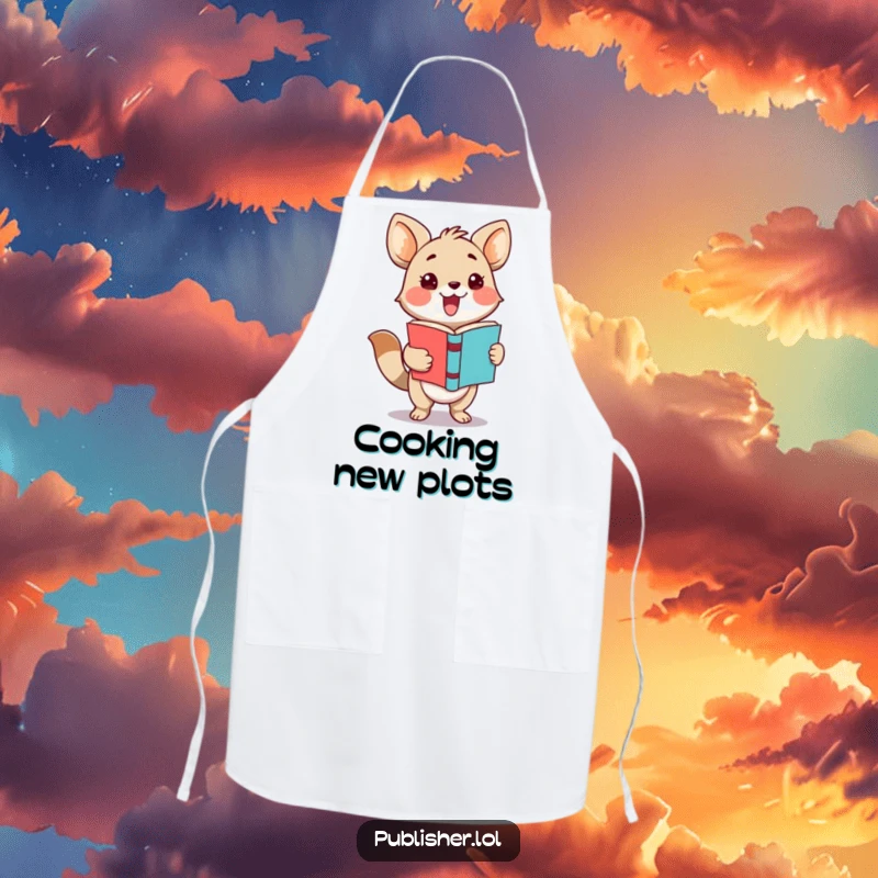 Funny apron showing an adorable animal character excitedly presenting a finished book with a flourish, celebrating achievements.