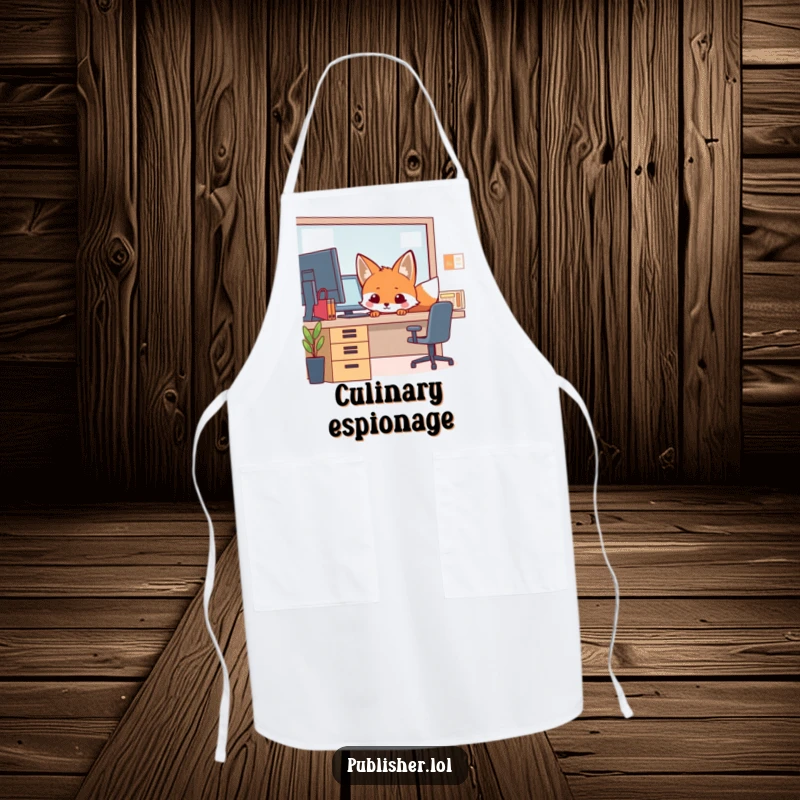 Funny Apron with a curious fox peeking from behind an office desk design, perfect for kitchen adventures and adding witty humor to cooking.