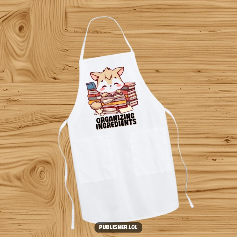 Funny apron showing an animal sorting recipe manuscripts, perfect for chefs and a great funny gift.