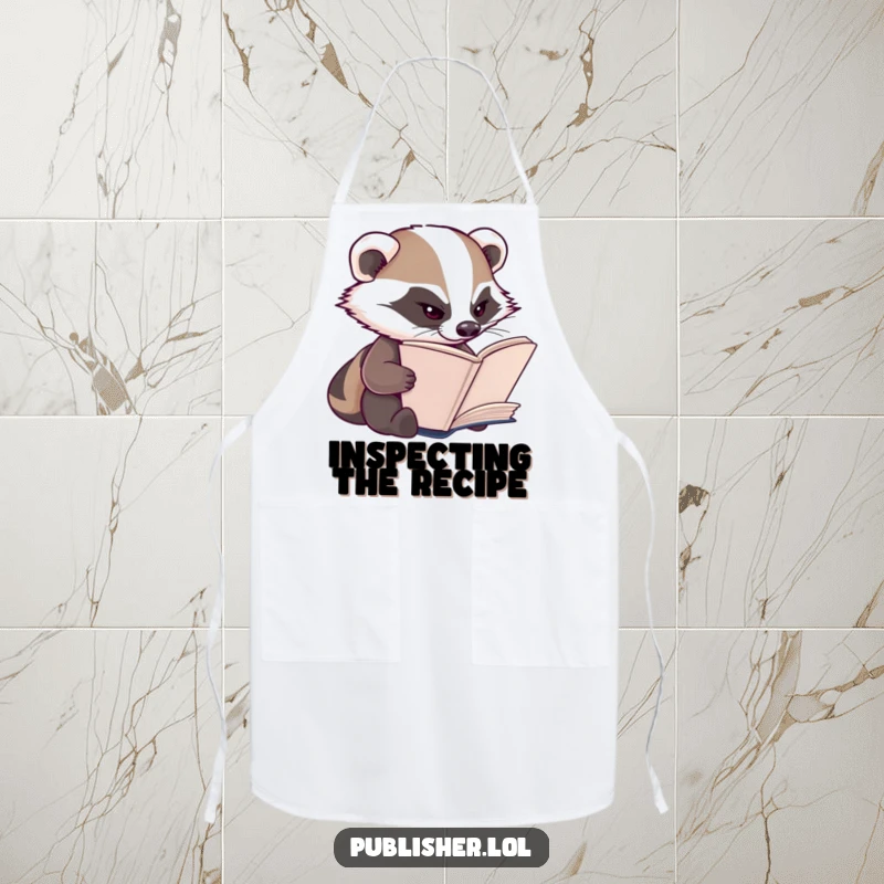 Funny Badger Apron: A diligent badger character squints while inspecting a recipe, ready for kitchen tasks.