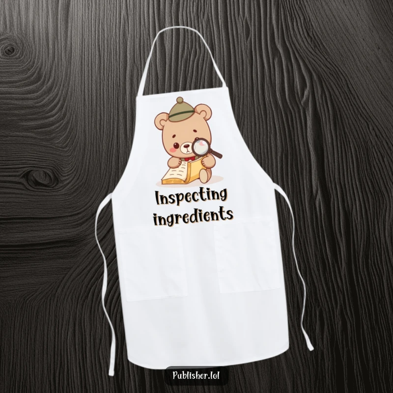 Funny Bear Investigator Apron showing a bear wearing a hat and using a magnifying glass to read a recipe book.