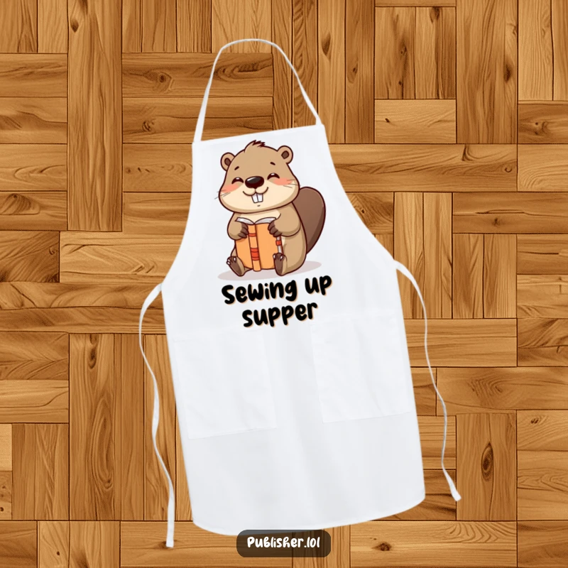 Funny apron featuring a helpful beaver character binding a book with gusto and a satisfied nod, perfect for crafters and creators.