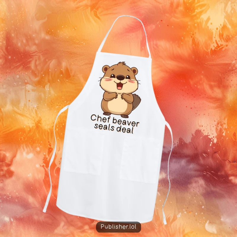 Funny Apron featuring a delighted beaver giving a deal closed gesture and handshake, perfect for kitchen endeavors with a humorous business twist.