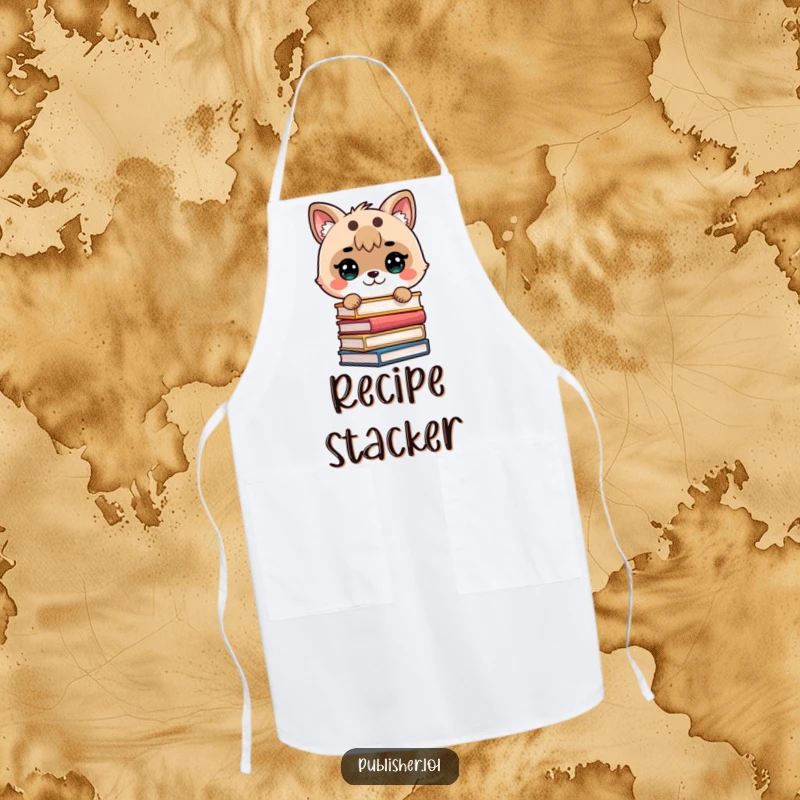 Funny apron with a cute animal determinedly stacking books, perfect for chefs who find inspiration in literature.
