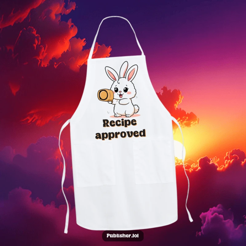 Funny apron featuring an enthusiastic bunny character stamping a huge rubber stamp, perfect for kitchen or crafting activities.