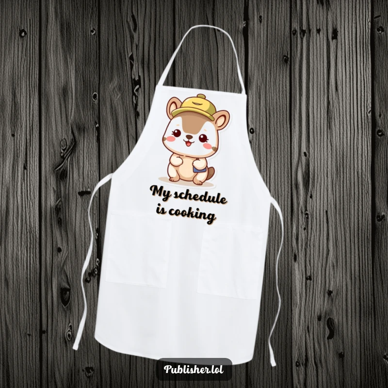 Funny Busy Schedule Animal Apron showing an organized character with a planning hat, ready for culinary tasks with a humorous flair.