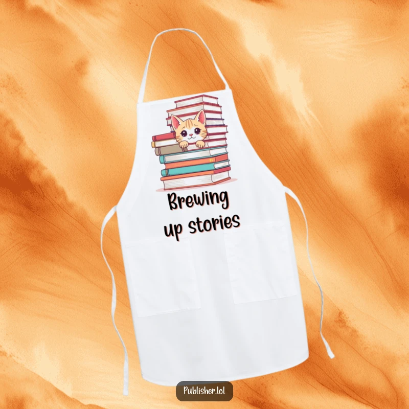 Funny chef apron featuring a curious cat peeking from behind a stack of books, perfect for cooks with a sense of humor.