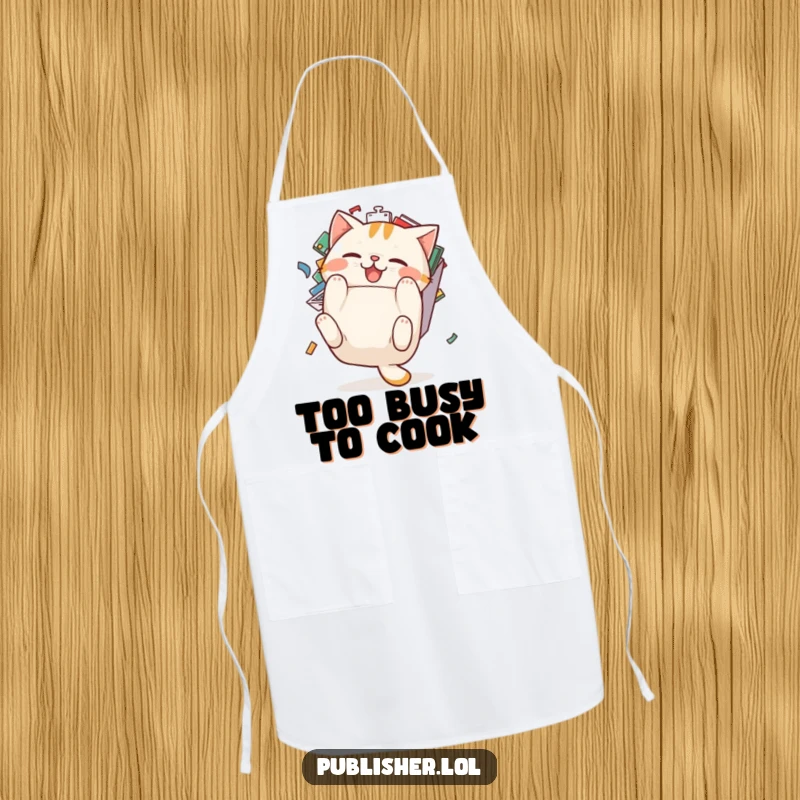 Funny cat apron: a pudgy cat character comically tumbles backward from an overflowing email inbox, a humorous kitchen accessory.