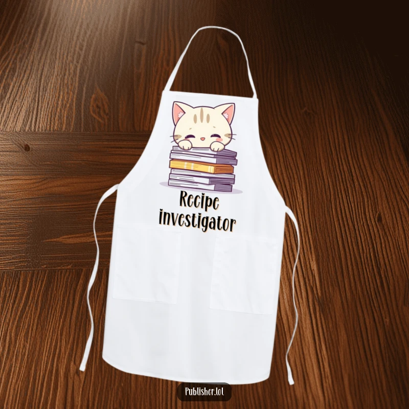 Funny Apron: Curious cat character peeks over printed pages, perfect for a literary and feline-friendly cook.