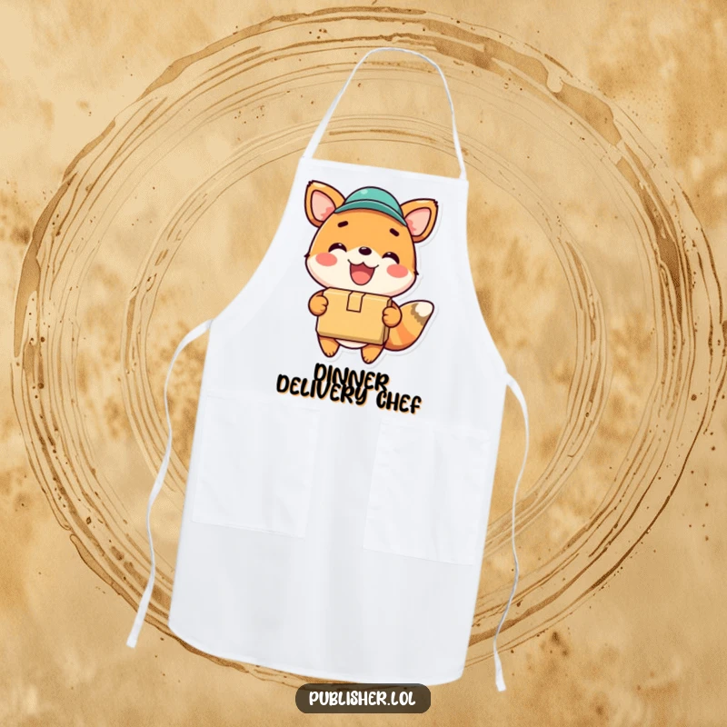 Funny apron with a happy animal gleefully delivering a package, perfect for chefs who deliver delicious meals with a smile.