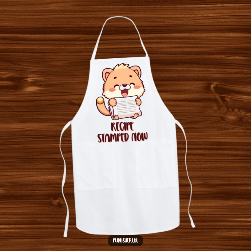 Funny apron showing a fuzzy animal enthusiastically stamping a recipe document, perfect for cooks and a great funny gift.