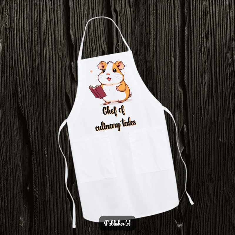 Funny author apron featuring a proud guinea pig presenting a novel with a flourish, perfect for creative cooks and writers.