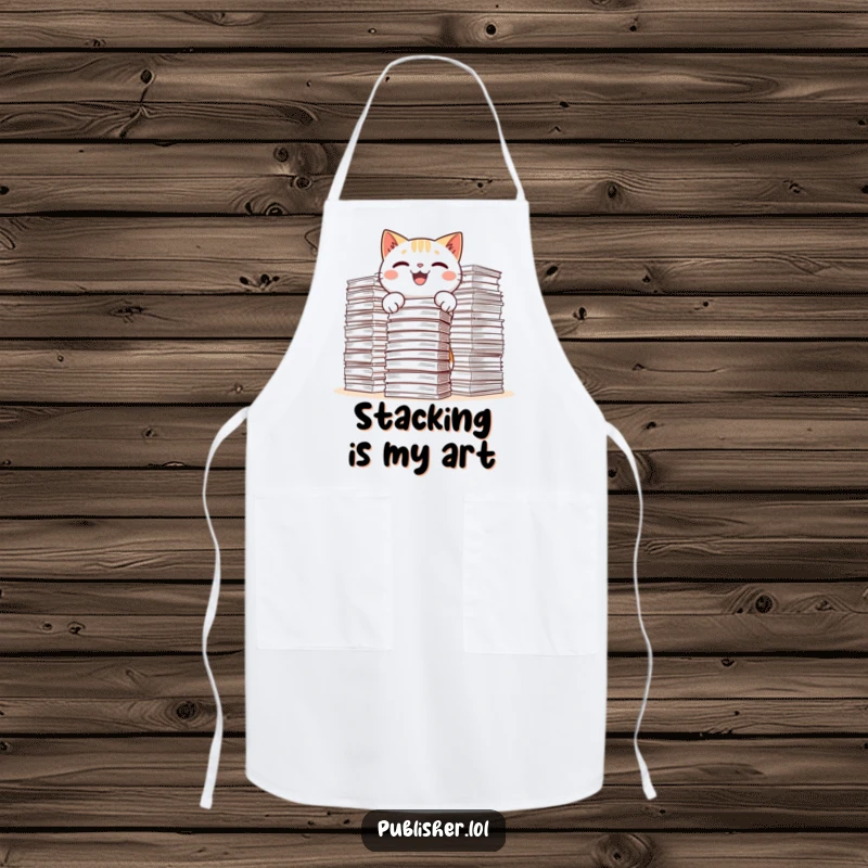 Funny Kawaii Cat Apron showing a cute cat joyfully organizing massive stacks of paper, a humorous take on tasks.