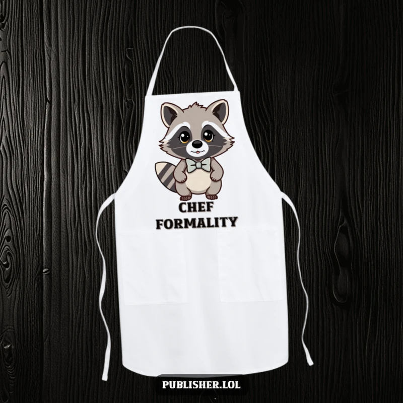 Funny kawaii raccoon apron featuring a dapper character in a bow tie looking important, bringing sophisticated humor to the kitchen.