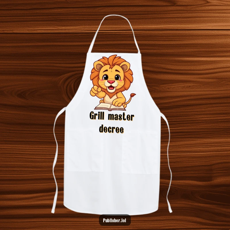 Funny apron showcasing a decisive lion character pointing authoritatively at a manuscript, ideal for chefs who command their kitchen with pride.