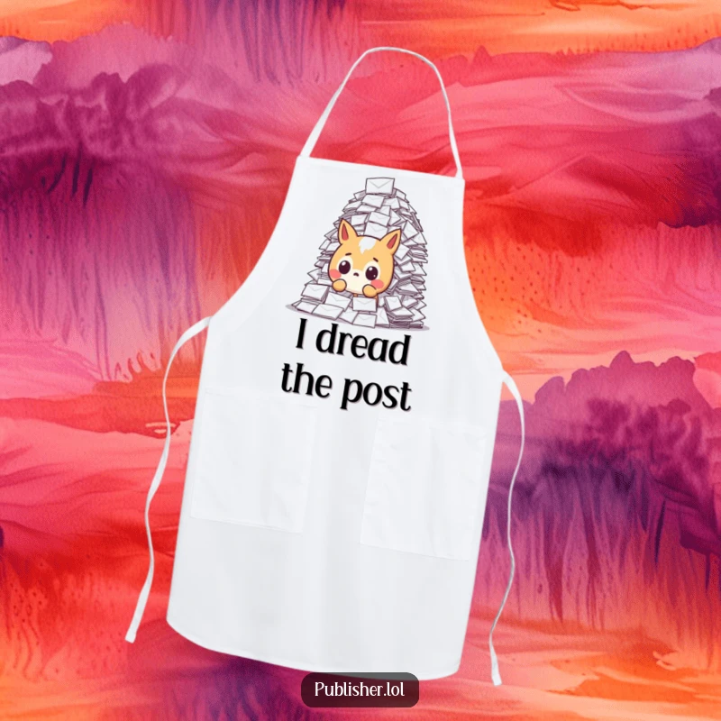 Funny apron with a surprised animal character faced with a daunting pile of mail, suitable for kitchen humor and surprise themes.
