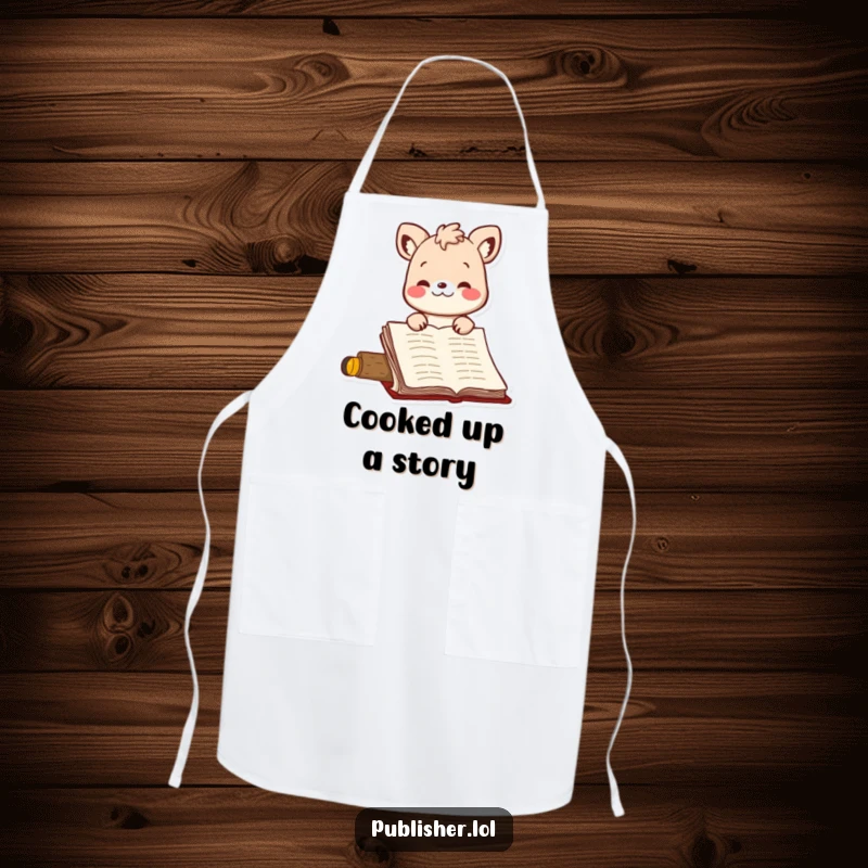 Funny apron showing a bouncing animal character intently nodding approval at a manuscript, combining kitchen practicality with writerly humor.
