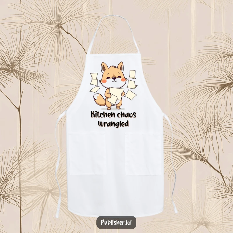 Funny apron depicting a determined animal character expertly managing multiple flapping papers, perfect for productive and clean cooking.