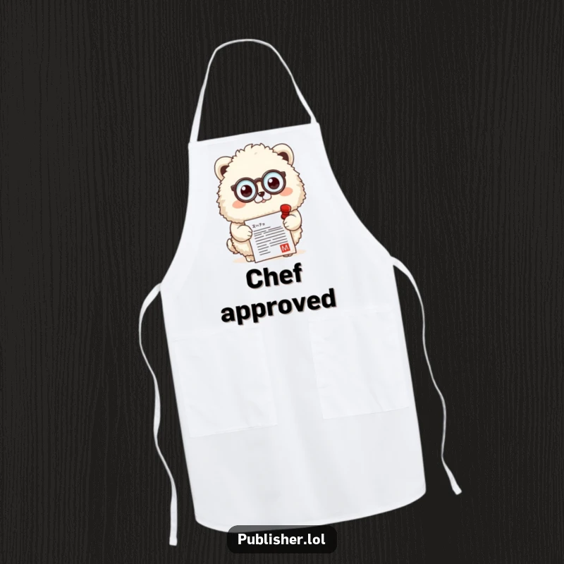 Funny apron with a fluffy animal wearing a monocle, approvingly stamping a document, perfect for chefs who appreciate fine dining.