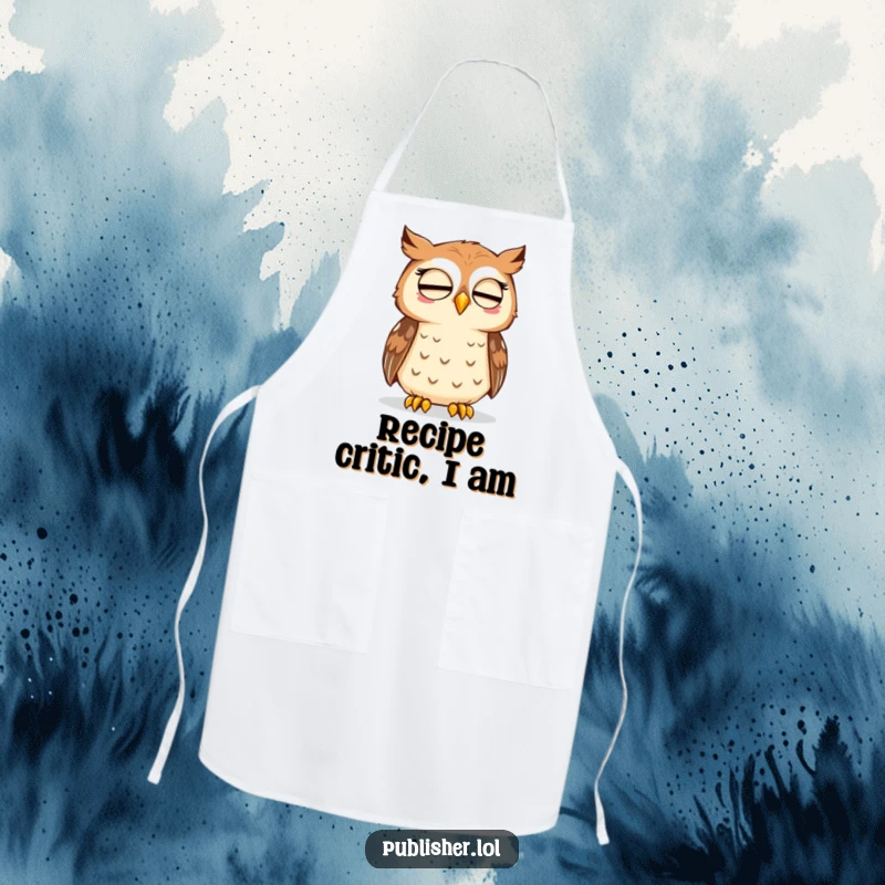 Funny apron with a thoughtful owl nodding approval at a printed page, ideal for the intelligent cook who enjoys learning.