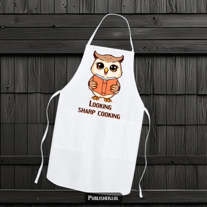Funny cheerful owl character reviewing a book cover design on a practical apron, blending artistic and culinary humor.