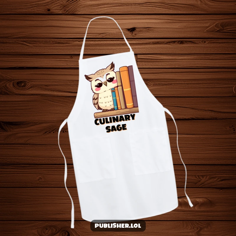 Funny apron featuring a thoughtful owl character surveying a shelf of published works with a serene smile, perfect for librarians and cooks.