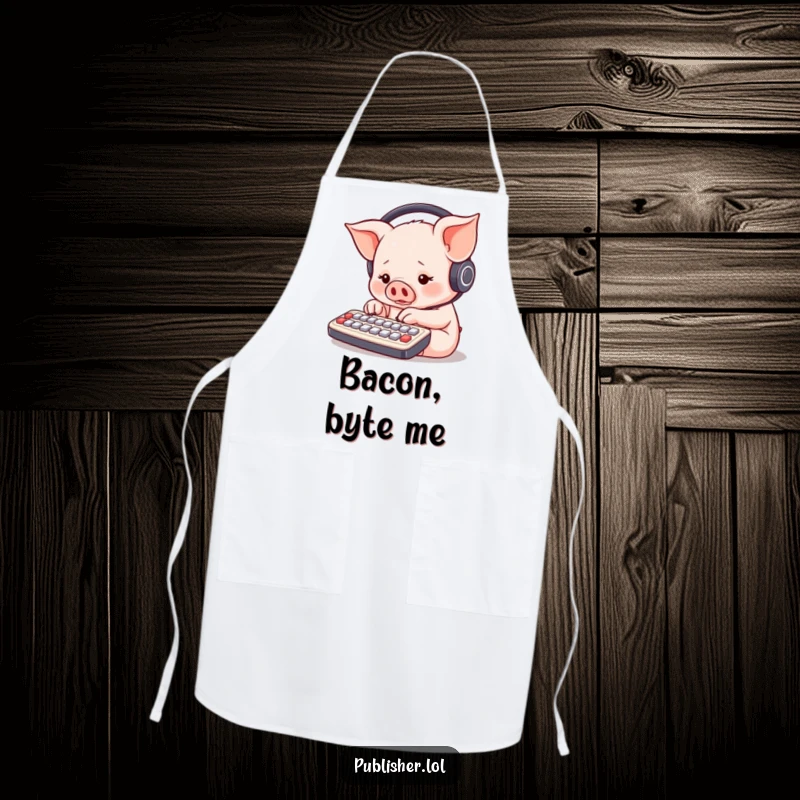 Funny piglet wearing headphones, typing furiously on a tiny keyboard with multiple paws, hilarious kitchen apron for chefs.