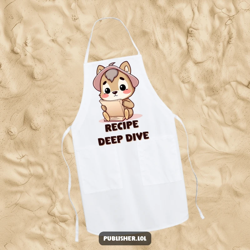 Funny apron depicting a curious animal character thoughtfully considering a large manuscript, perfect for productive thought and clean cooking.