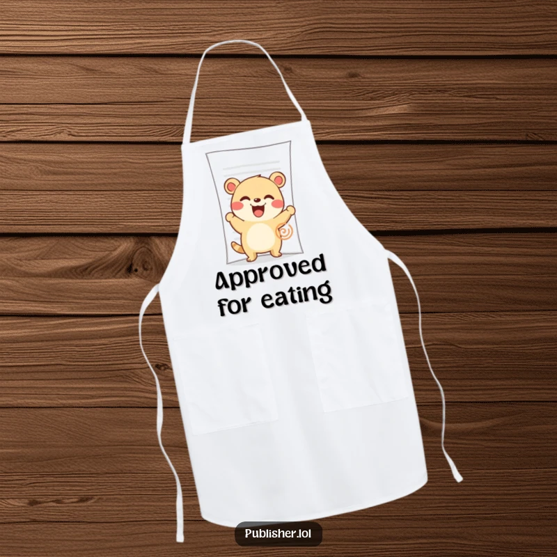 Funny Apron: A cute animal character grins while enthusiastically stamping a large document in the kitchen.
