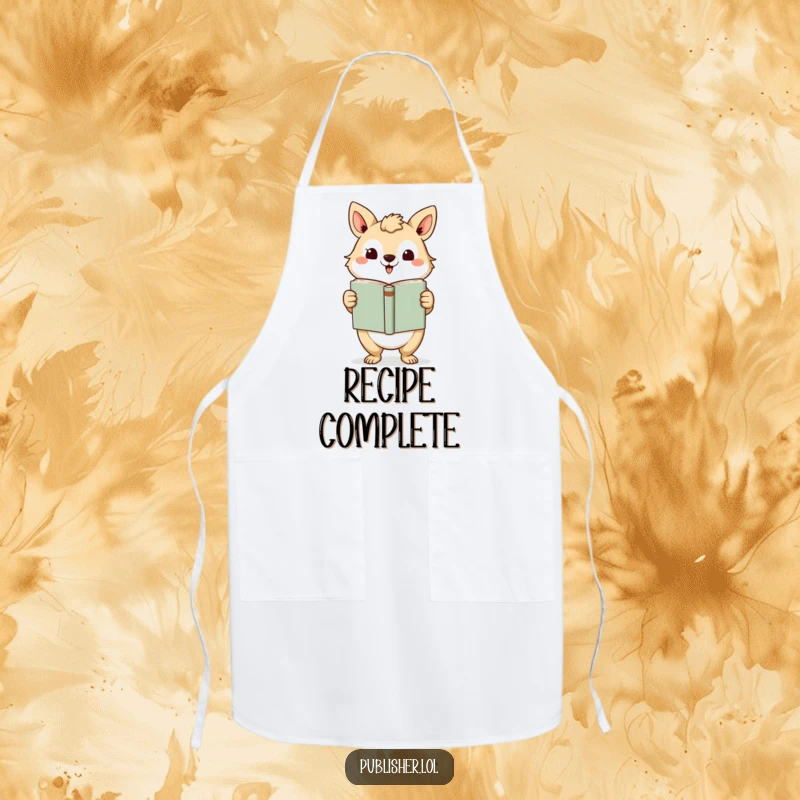 Funny Apron: Durable fabric showing an animal character presenting a finished book with a grand gesture, perfect for adding humor to any task.