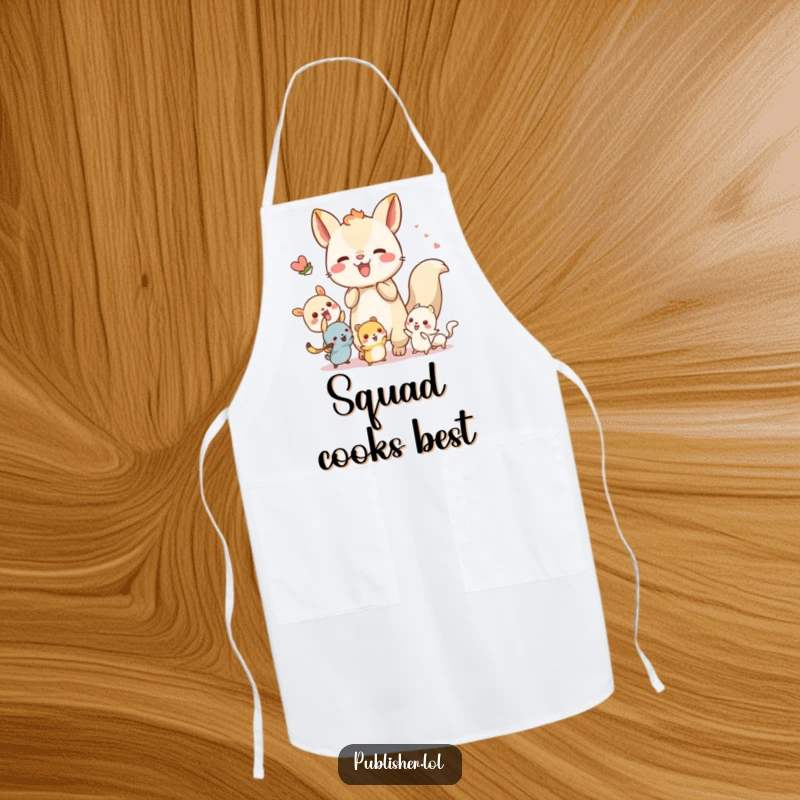 Funny apron depicting a whimsical animal character energetically collaborating with tiny creatures, perfect for cooperative and fun cooking.