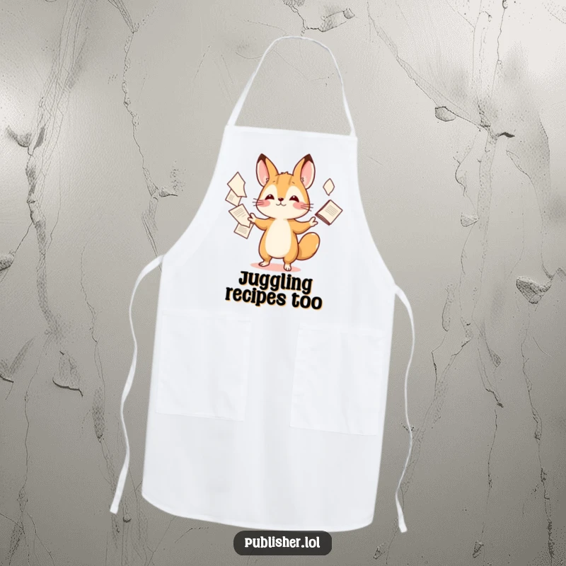 Funny apron featuring a tiny, skilled animal character in the middle of juggling various papers, adding humor to kitchen tasks.