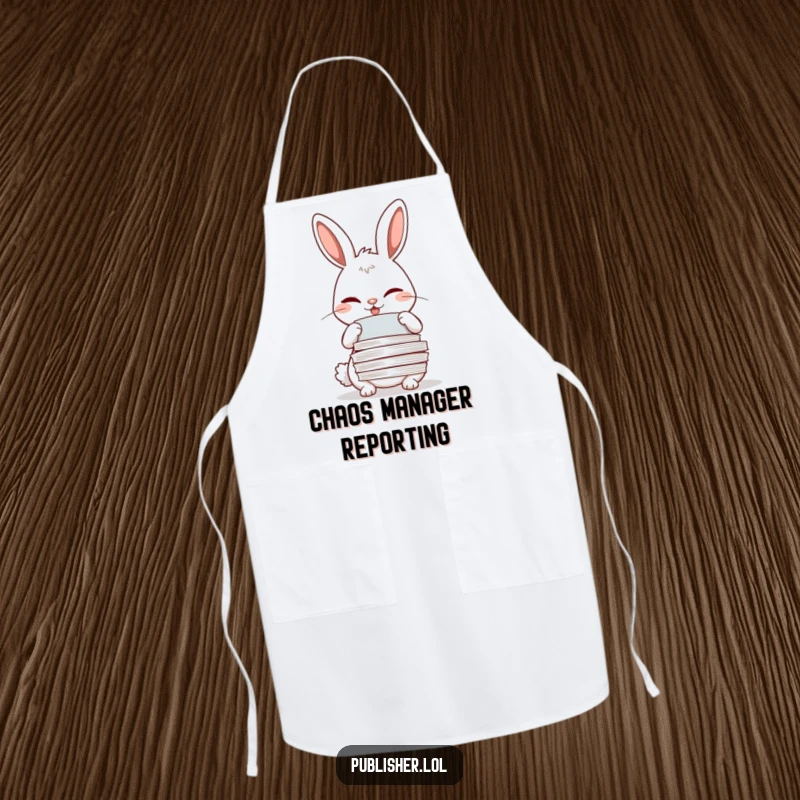 Funny winking rabbit adjusting papers with a meticulous grin on a cooking apron.