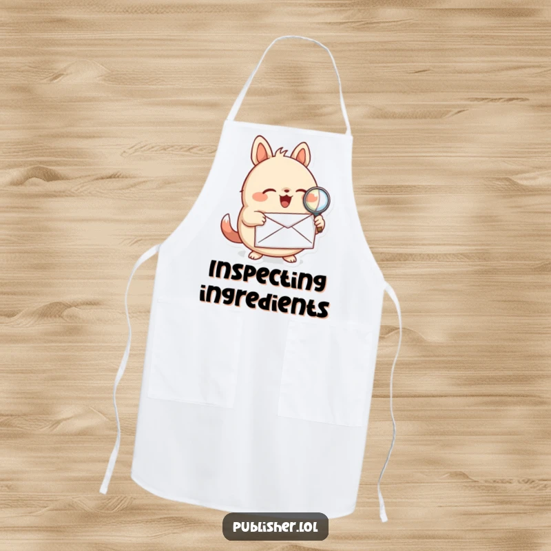 Funny apron depicting a round animal character examining a letter with a magnifying glass, perfect for kitchen investigations and clean cooking.