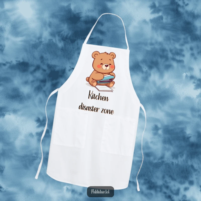 Funny Apron featuring a clumsy bear attempting to staple papers with its paw, perfect for kitchen endeavors with a humorous, relatable twist.