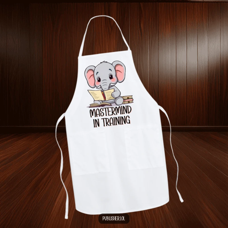 Funny apron with a wise elephant character contemplating a complex publishing contract, suitable for kitchen or office.