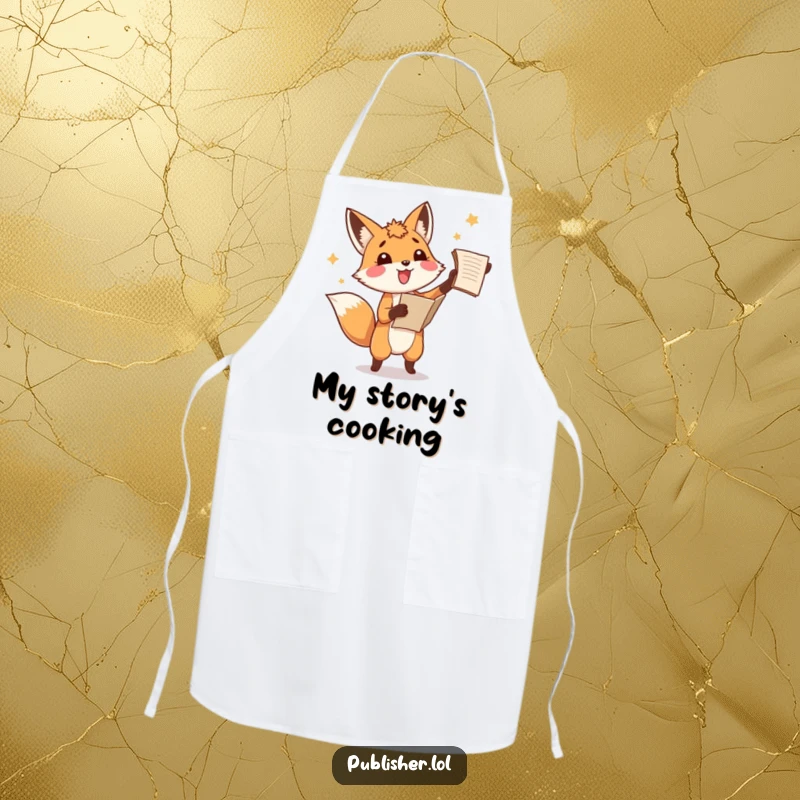 Funny fox apron, playfully tossing a manuscript in the air while cooking with amusement, a delightful kitchen accessory.