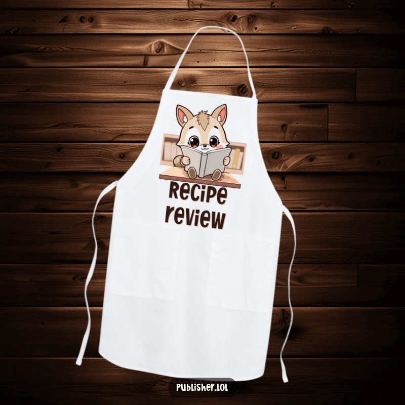 Funny Apron: A kawaii animal character with wide, focused eyes reviews a manuscript in the kitchen.