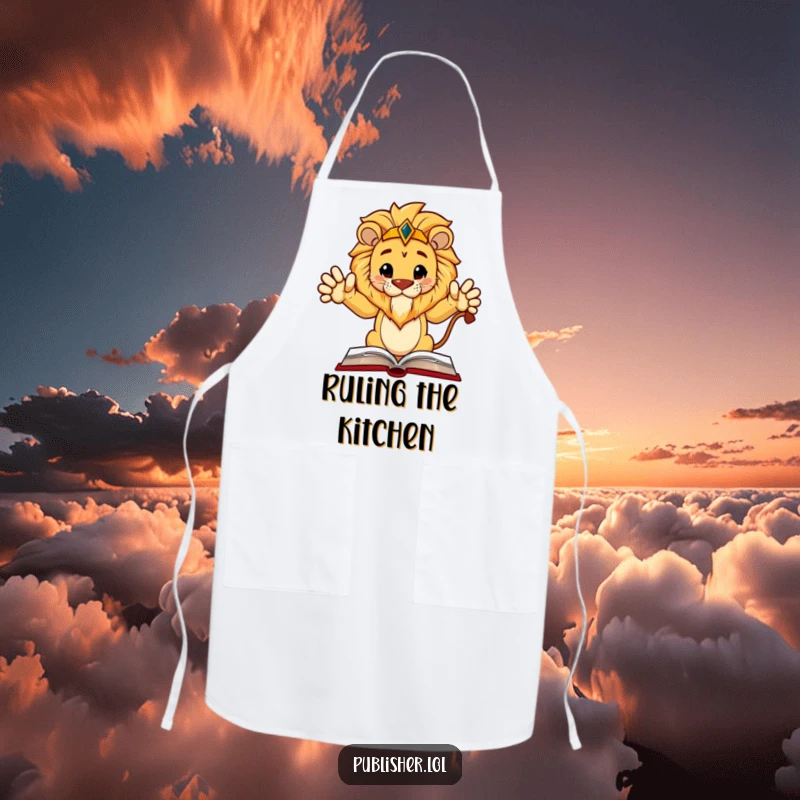 Funny Apron: Regal lion character gestures authoritatively at a book layout, perfect for a wise and humorous cook.