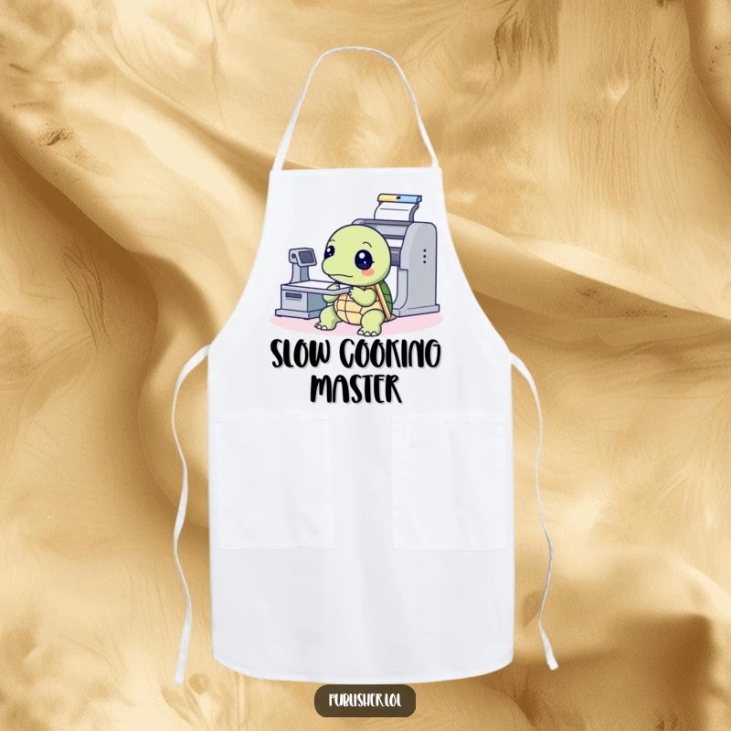 Funny Apron featuring a thoughtful turtle looking intently at a printing press machine, perfect for kitchen endeavors with a humorous, historical twist.