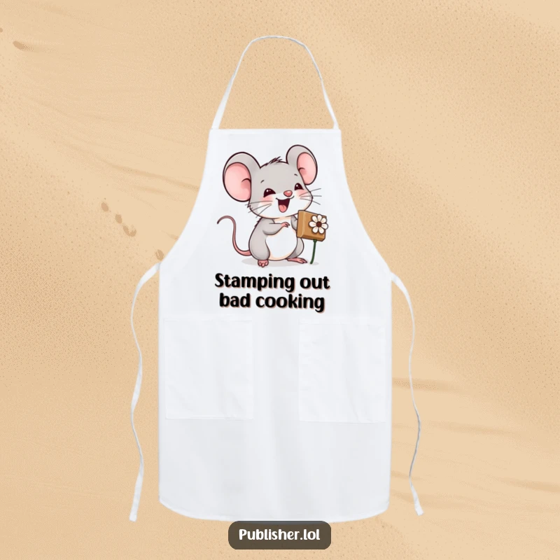 Funny apron designed for crafters, showing an excited mouse character using a flower stamp, ideal for protecting clothes during projects.
