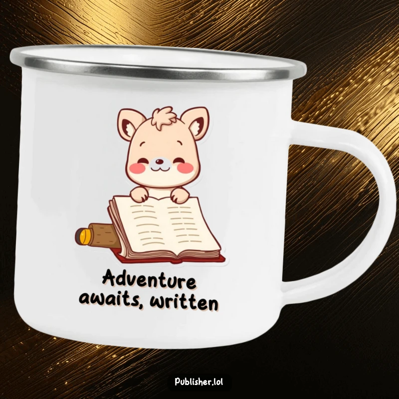 Funny camping mug with a bouncing animal character nodding in approval at a manuscript, perfect for outdoor writing sessions and humor.